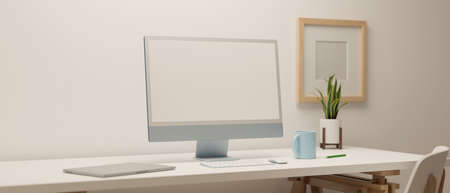 Cozy working space design with computer monitor mock-up with decorations in white room, 3D rendering, 3D illustrationの写真素材