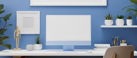 3D rendering, 3D illustration blue wall working room with computer monitor, white desk, books, tree pot, plants, frame, and office suppliesの写真素材