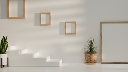 Minimal copy space design with picture frames, plants, white wall and white stairs 3D rendering, 3D illustrationの写真素材