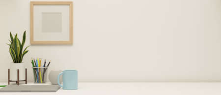 Copy space for product display in modern room design on white table with laptop, stationary and decoration, 3D rendering, 3D illustrationの写真素材