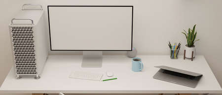 Modern all white working space with desktop computer mock-up, laptop, stationary and office supplies, 3D rendering, 3D illustrationの写真素材