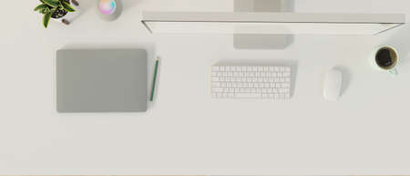 Top view of minimal working space with computer, tablet, coffee cup, decorations and space for product display, 3D rendering, 3D illustrationの写真素材