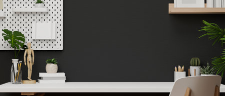 Minimal black-white working space design with white desk for product display with stationary and decorations stuff 3D rendering, 3D illustrationの写真素材