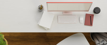 Top view of simple working space with computer, stationary and stuff on white wooden table. 3D rendering, 3D illustrationの写真素材