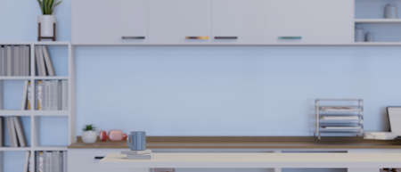 Modern office room with white table  , blue background and office supplies. 3D rendering , 3D illustrationの写真素材