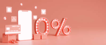Online shopping concept, mobile phone blank screen with credit card and percent discount mock up on pink background. 3D rendering, 3D illustrationの写真素材