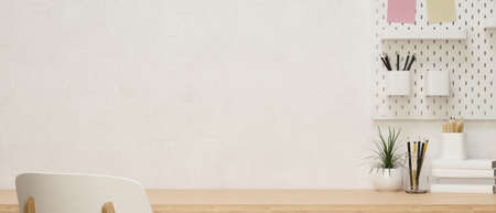 Copy space for product display on ash modern wood table with room decorations and white wallpaper,...