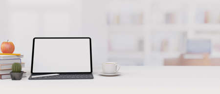 Laptop mock-up, decorations, and copy space for product display on white table with blurry interior in the background, 3D rendering, 3D illustrationの写真素材
