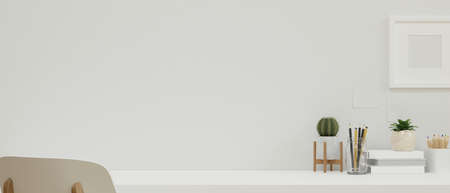 Copy space for product display and mock-up frame in modern home working space designed with white...