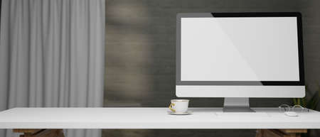 Computer monitor in empty screen with copy space for product display on white modern desk and modern...