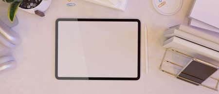 Blank empty screen laptop mock up on working space decorated with office supplies in modern design, 3d rendering, 3d illustrationの写真素材