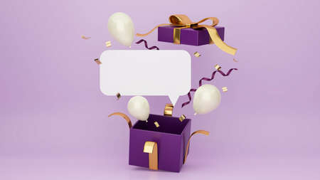 Surprise gift box poster with balloons, confetti and blank space for text advertisement in purple background, Anniversary, Mega sale, Celebrate banner, 3d rendering, 3d illustrationの写真素材