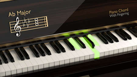 Close up grand piano with piano chord ab major, musical instrument, piano keyboard, Classic note harmony, 3d rendering, 3d illustrationの写真素材
