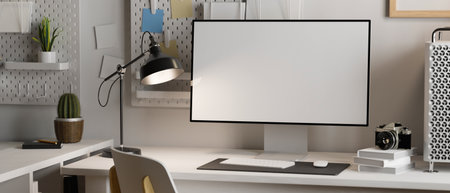 Desktop computer monitor in white empty screen 3d renderingの写真素材