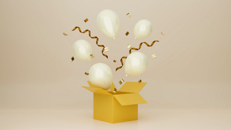 Holidays, Celebration, New year, Mega sale, Birthday, Marketing advertising online banner, poster with gift box, balloons, confetti in yellow tone, 3d rendering, 3d illustrationの写真素材