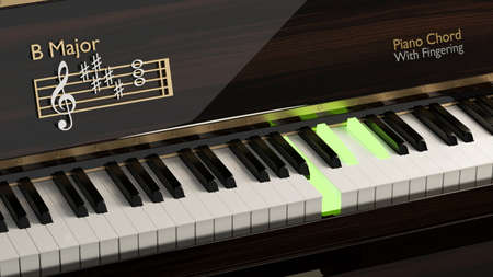 Grand piano with B-major chord, Classic piano with keyboard chord, music school, piano student, basic piano chord, 3d rendering, 3d illustrationの写真素材
