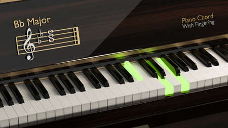 Classic piano with Bb major chord on piano keys, close up, classical entertainment, music school, acoustic instrument, 3d rendering, 3d illustrationの写真素材