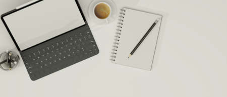 Smart tablet with keyboard, note book, pencils and coffee in white background, copy space for product display in top view, 3d rendering, 3d illustrationの写真素材