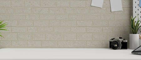 Copy space for product display on white table with camera, plants and decor on the brick wall, Modern counter home interior, 3d rendering, 3d illustrationの写真素材