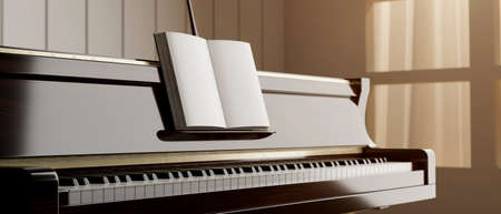 Classic grand piano with music book standing close to the window, light from outside, music instrument, piano keys, chord, harmony, 3d rendering, 3d illustrationの写真素材