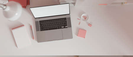 Top view minimal work space with copy space, female work space, blank screen laptop with pink paper clip, notepad and pink stationery on white desk, 3d rendering, 3d illustrationの写真素材