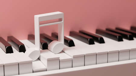 Pink piano with keyboard close up and music note on top, Music instrument, Piano close up, 3d rendering, 3d illustrationの写真素材