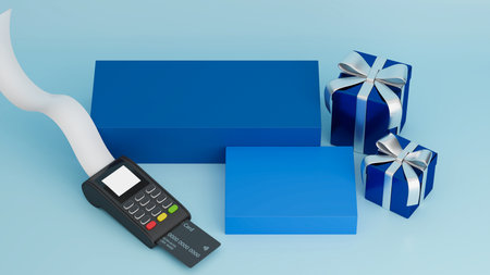 payment terminal, payment machine, credit card payment, receipt paper with blue gift boxes and pedestal for your brand in pastel blue background, 3d rendering, 3d illustrationの写真素材