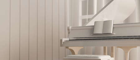 White grand piano, piano room in white decor, minimalistic, music instrument, living room with piano, 3d rendering, 3d illustrationの写真素材