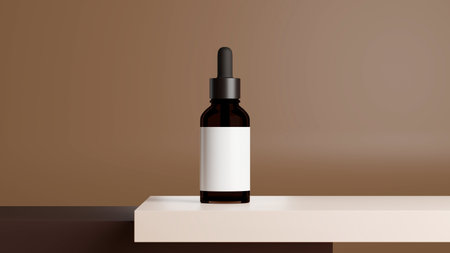 Skincare dropper bottle, brown glass cosmetic bottle, package template on white table with brown background and copy space, 3d rendering, 3d illustrationの写真素材