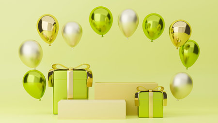 Festive banner, happy holiday poster, product display online picture in green tone with gift boxes, balloons and stand for your brands, 3d rendering, 3d illustrationの写真素材