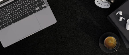 Black worktable with laptop keyboard, clock, coffee cup, modern black working space, 3d rendering, 3d illustrationの写真素材