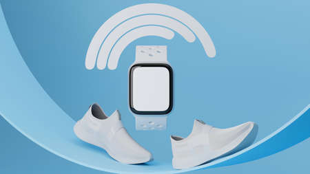 Smartwatch, sport device, running equipment, sport watch mockup with white running shoes, geometric shape in blue geometric background, 3d rendering, 3d illustrationの写真素材