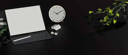 Close up, Dark workspace concept with laptop mockup, clock, earbuds, plants, copy space on black table, black background, 3d rendering, 3d illustrationの写真素材