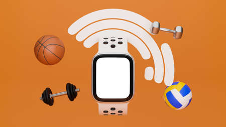 Sport equipment background concept, smartwatch mockup with, dumbbell, volleyball, basketball, barbell and geometric shape in orange background, 3d rendering, 3d illustrationの写真素材