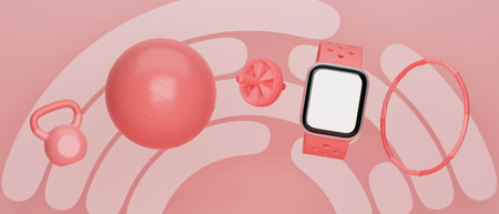 Fitness equipment concept, kettlebell, fitness ball, abdominal wheel, smartwatch blank screen,  hoop in geometric pink isolated background, 3d rendering, 3d illustrationの写真素材