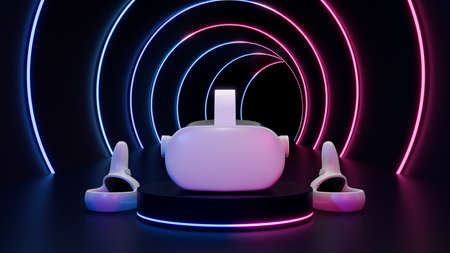 Virtual reality helmet with controllers, VR gaming, virtual experiment, VR goggles with trackpads, circle geometric neon light in the background, 3d rendering, 3d illustrationの写真素材