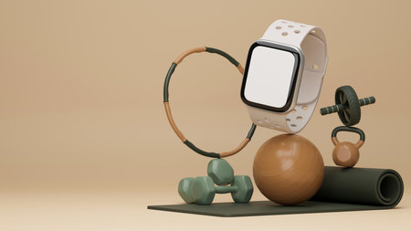Sport training watch with copy space for text advertising,  hoop, training ball, wheel, dumbbells, yoga mat in beige background, 3d rendering, 3d illustrationの写真素材
