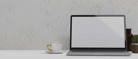 Close up, Portable tablet mockup with keyboard, luxury coffee cup on white table, white background,...