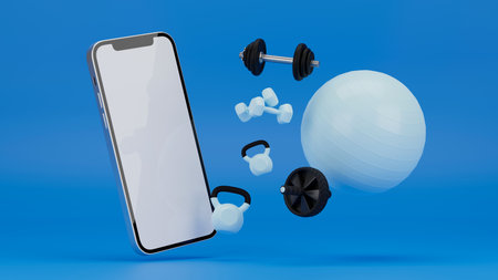 Online workout class concept, white screen phone mockup with sport equipment on blue isolated background, ab wheel, dumbbells, kettlebell, yoga ball, 3d rendering, 3d illustrationの写真素材