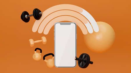 Mockup smartphone image surrounded by sport equipment on orange background, online sport competition, exercise program, 3d rendering, 3d illustrationの写真素材