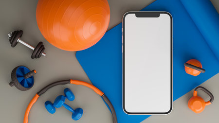 Sports training program concept with sport gym equipment, exercise from home, sport equipment online shopping application, smartphone screen mockup, 3d rendering, 3d illustrationの写真素材