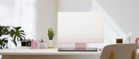 Pastel pink computer display for mockup with tablet, camera, accessories, chair, house plant, light through the window, white room, 3d rendering, 3d illustrationの写真素材