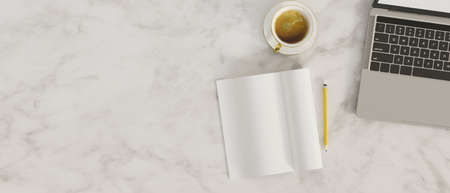 Top view, Marble background, marble top table with laptop, blank notebook, coffee, flat lay, space for text, 3d rendering, 3d illustrationの写真素材