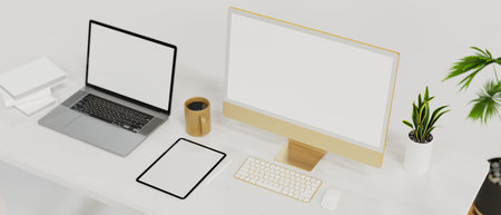 Electronic device in workspace, laptop mockup, tablet mockup, computer mockup on white table, coffee, indoor plants for decor, white wall, 3d rendering, 3d illustrationの写真素材