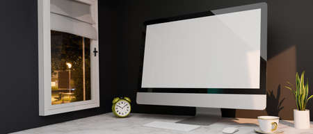 Apartment working space with computer desktop mockup on marble table near window, night park view, 3d rendering, 3d illustrationの写真素材