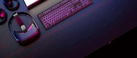 Cropped shot, gamer workspace concept, neon keyboard with pc computer, vr gaming, vr glasses with...