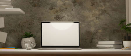 Laptop screen mockup image in modern loft home interior style, cement loft wall, minimalistic house...