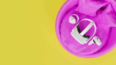 Top view, creative game concept, virtual reality headset with joysticks on hot pink round leather...