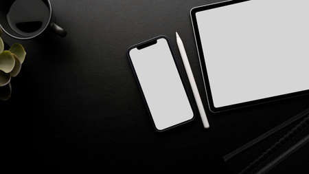 Modern workspace with technology gadget in top view, smartphone and tablet white screen mockup,...