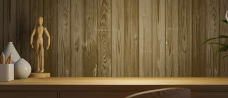 Copy space on top wood working table with wood figure, ceramic vase, colour pencils in brown wood plank wall, 3d rendering, 3d illustrationの写真素材